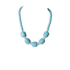Vintage Plastic Beaded Single Strand Necklace Turquoise White Hong Kong